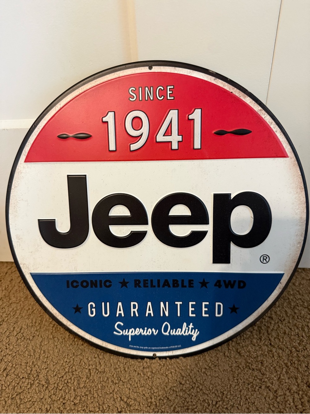 Jeep Round Metal Sign - Red White Blue